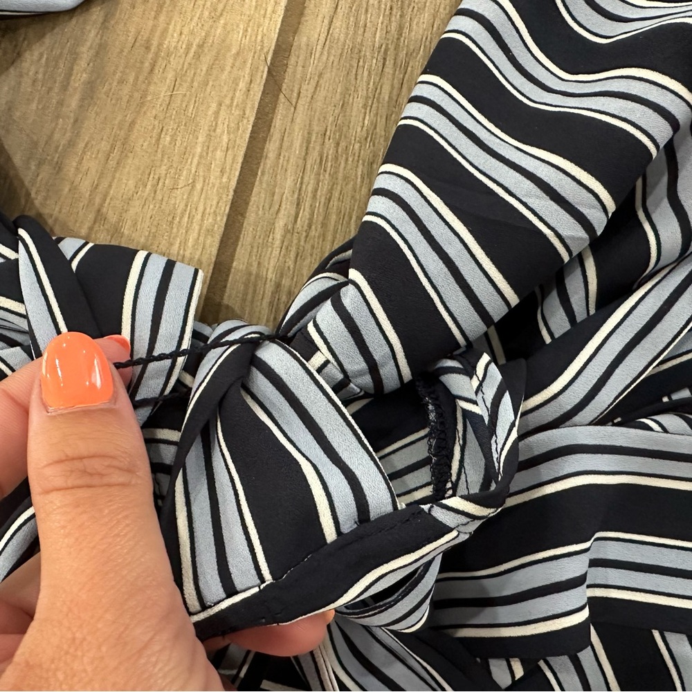 LOFT Navy and Light Blue Striped Wrap Blouse - Picture 3 of 9